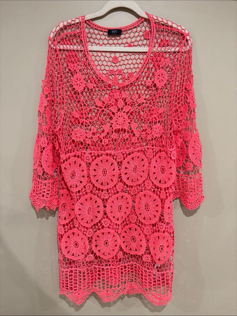 OS coral crochet bell sleeve dress